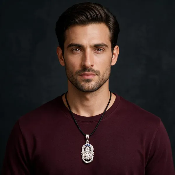 Silver_Turbaned_Bearded_Face_Blue_Stone_Pendant_For_Unisex