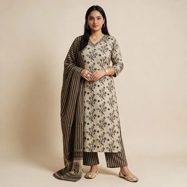 Beige_And_Brown_Cotton_Floral_Printed_Suit_Set_For_Women