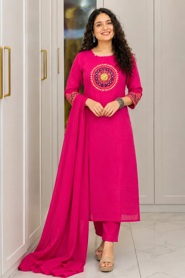 Rani_Pink_Mirror_Work_Embroidered_Kurta_Pant_Dupatta_Set