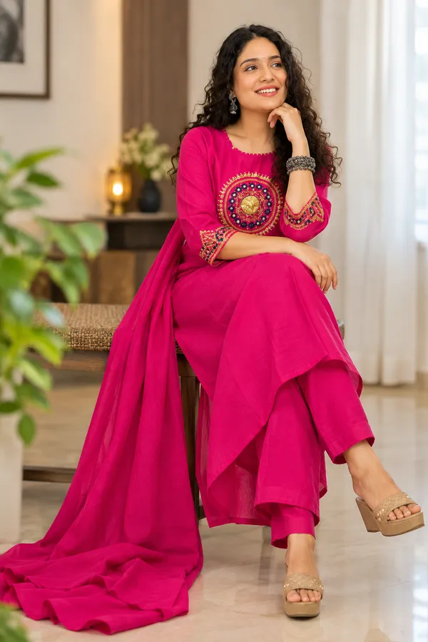 Rani_Pink_Mirror_Work_Embroidered_Kurta_Pant_Dupatta_Set