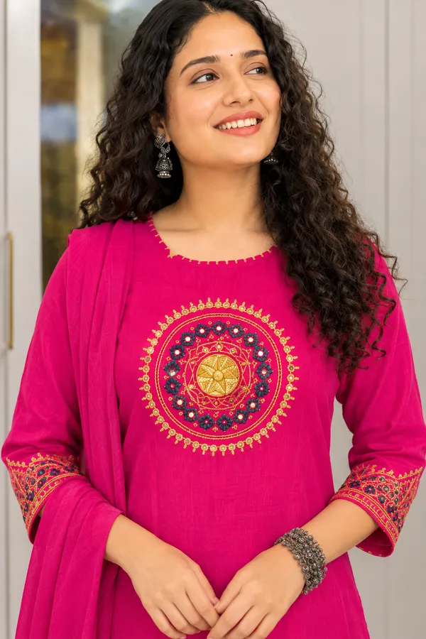 Rani_Pink_Mirror_Work_Embroidered_Kurta_Pant_Dupatta_Set