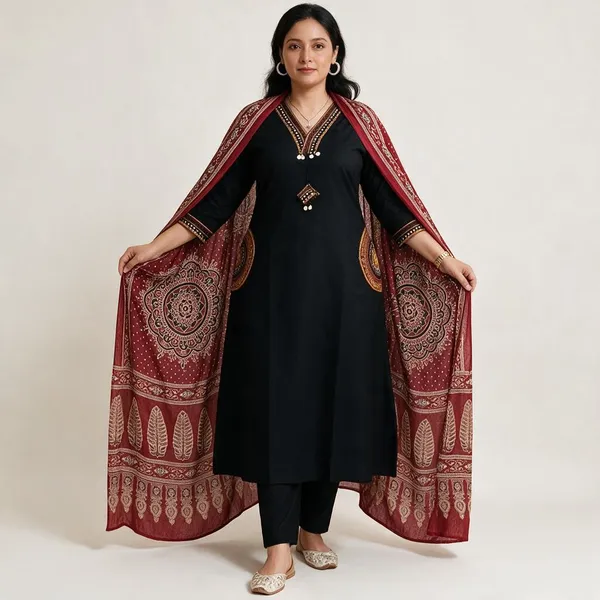 Black_Cotton_Straight_Kurta_Set_With_Maroon_Printed_Dupatta_For_Women
