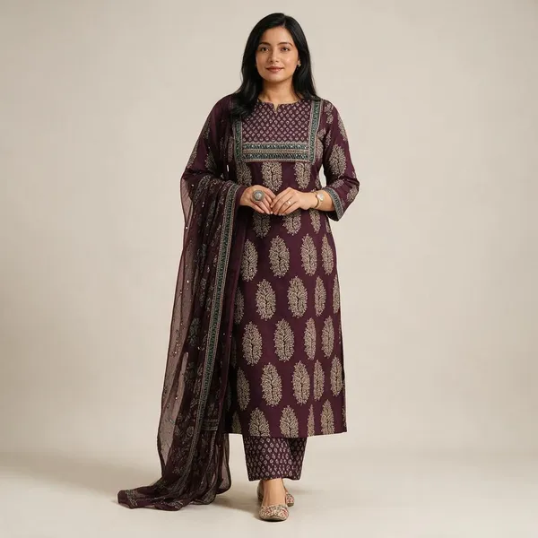 Wine_Pure_Cotton_Ajrakh_Printed_Kurta_Pant_Set_For_Women