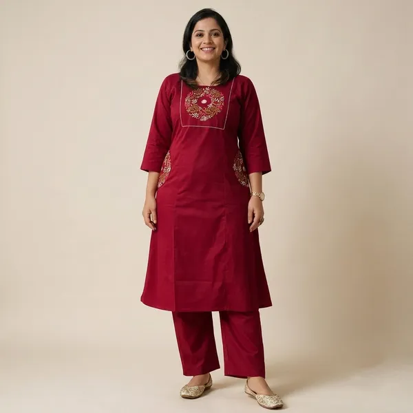 Red_Cotton_Slub_Embroidered_Kurta_Palazzo_Set_For_Women