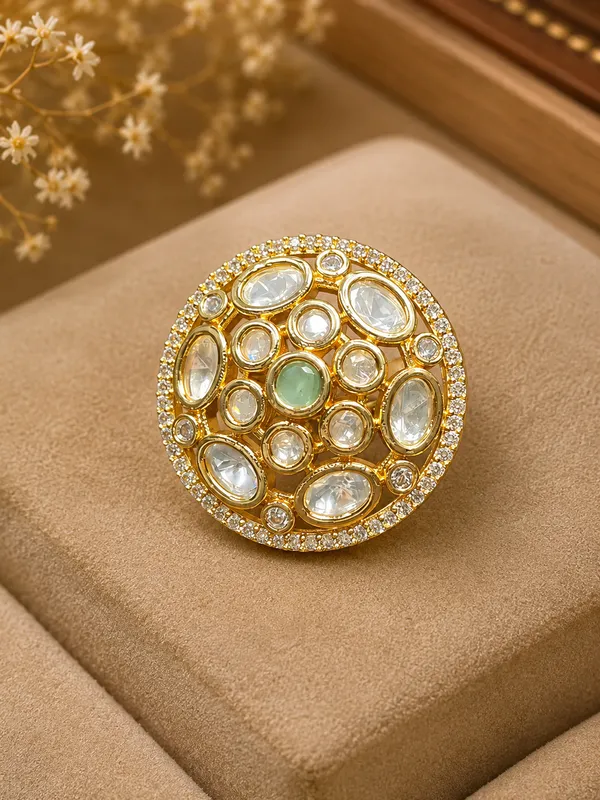 Kundan_Polki_Oval_Dome_Cluster_Cocktail_Ring_-_Mint_Green_|_K_Gold