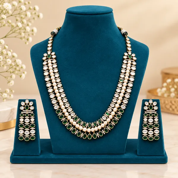 Kundan_Polki_Pearl_Cz_Oval_Rani_Haar_Necklace_Set_|_Mehendi_Gold