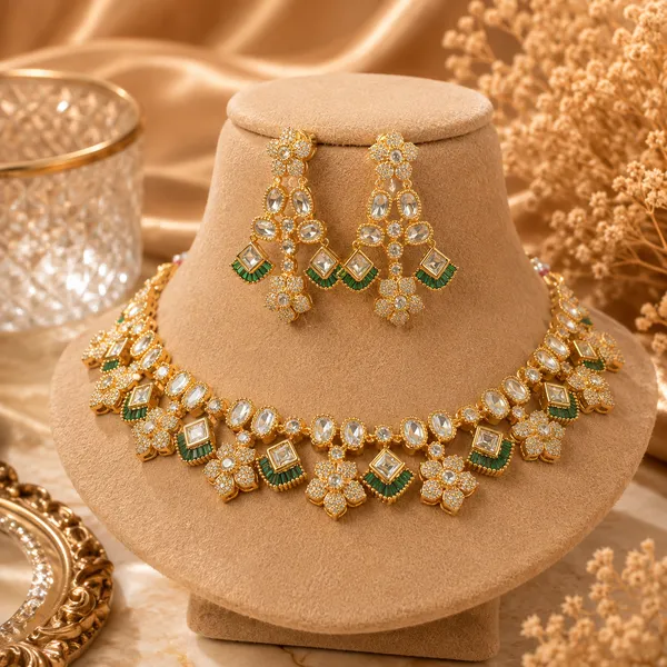 Kundan_Polki_Floral_Cluster_Double_Layer_Necklace_And_Earring_Set_|_K_Gold