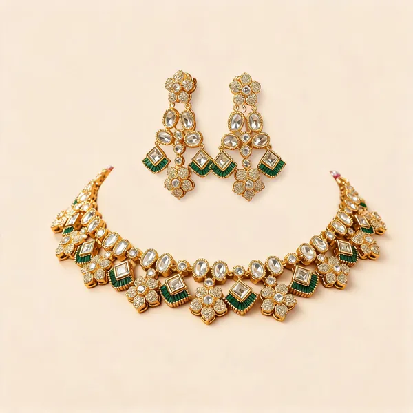 Kundan_Polki_Floral_Cluster_Double_Layer_Necklace_And_Earring_Set_|_K_Gold