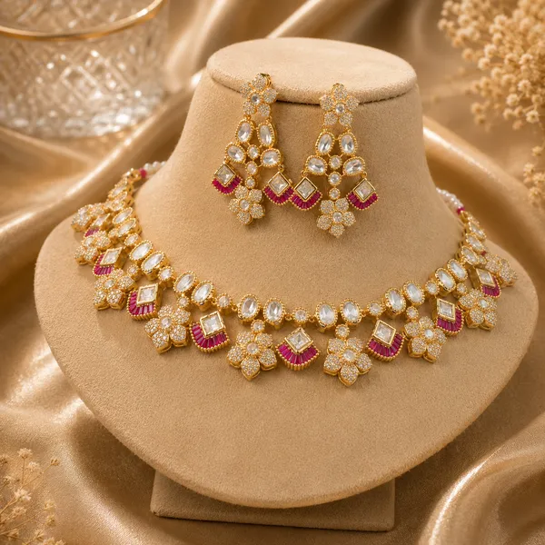 Kundan_Polki_Floral_Cluster_Double_Layer_Necklace_And_Earring_Set_|_K_Gold