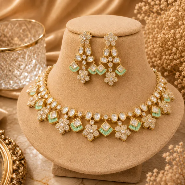 Kundan_Polki_Floral_Cluster_Double_Layer_Necklace_And_Earring_Set_|_K_Gold