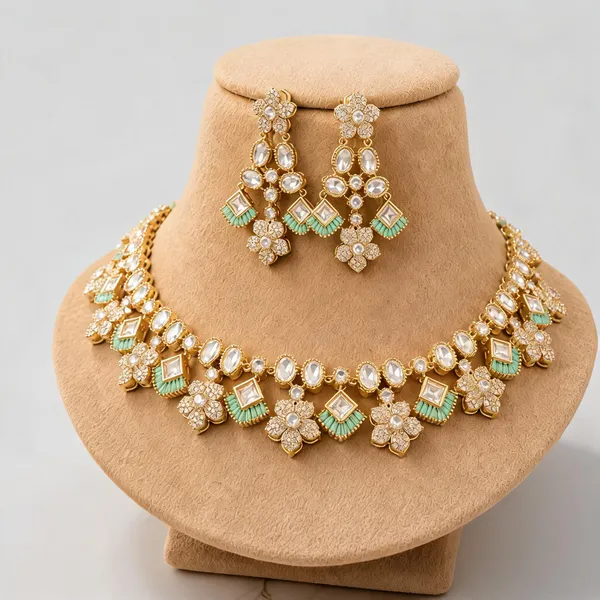 Kundan_Polki_Floral_Cluster_Double_Layer_Necklace_And_Earring_Set_|_K_Gold