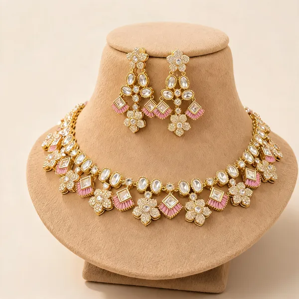 Kundan_Polki_Floral_Cluster_Double_Layer_Necklace_And_Earring_Set_|_K_Gold