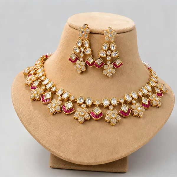 Kundan_Polki_Floral_Cluster_Double_Layer_Necklace_And_Earring_Set_|_K_Gold