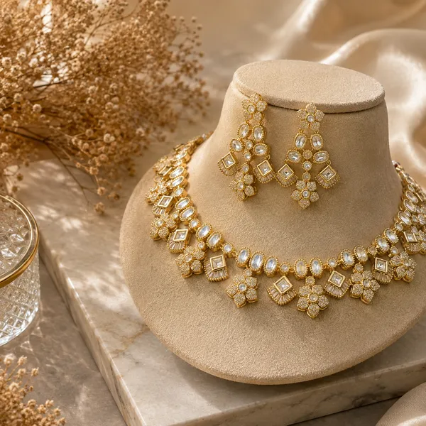 Kundan_Polki_Floral_Cluster_Double_Layer_Necklace_And_Earring_Set_|_K_Gold