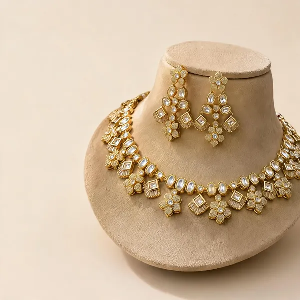 Kundan_Polki_Floral_Cluster_Double_Layer_Necklace_And_Earring_Set_|_K_Gold