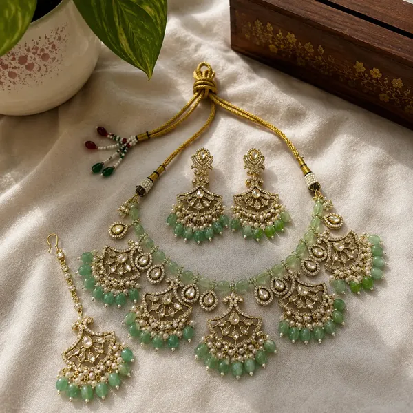 Kundan_Polki_Fan_Jali_Choker_Necklace_Set_with_Maang_Tikka_|_Mehendi_Gold