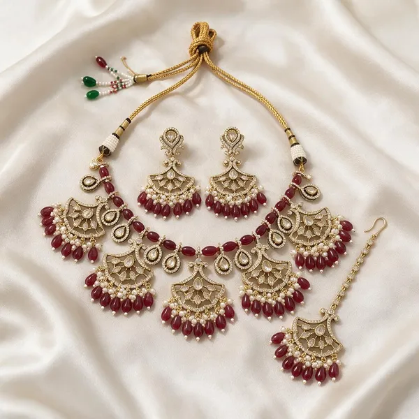 Kundan_Polki_Fan_Jali_Choker_Necklace_Set_With_Maang_Tikka_|_Mehendi_Gold