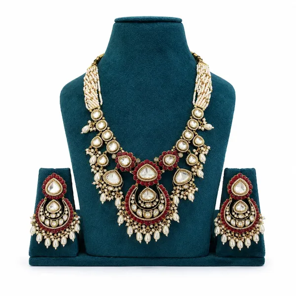 Kundan_Polki_CZ_Chandbali_Pearl_Drop_Statement_Necklace_Set_|_Mehendi_Gold