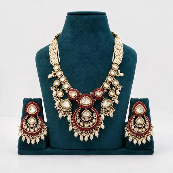 Kundan_Polki_Cz_Chandbali_Pearl_Drop_Statement_Necklace_Set_|_Mehendi_Gold