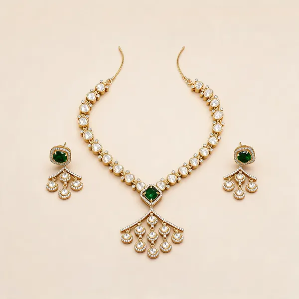 Kundan_Polki_Heart_Chain_Tassel_Drop_Necklace_Set_|_K_Gold_&_Mehendi_Gold