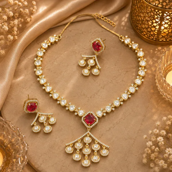 Kundan_Polki_Heart_Chain_Tassel_Drop_Necklace_Set_|_K_Gold_&_Mehendi_Gold