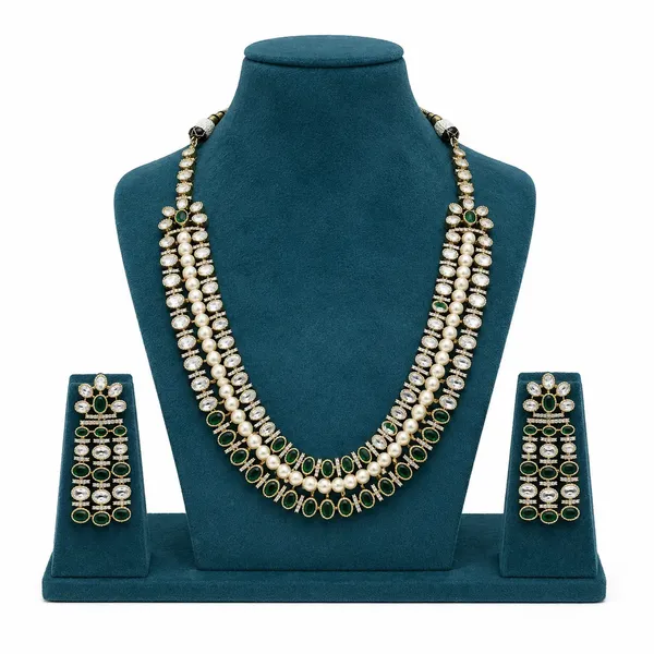 Kundan_Polki_Pearl_CZ_Oval_Rani_Haar_Necklace_Set_|_Mehendi_Gold