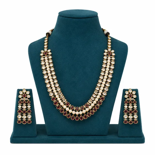Kundan_Polki_Pearl_CZ_Oval_Rani_Haar_Necklace_Set_|_Mehendi_Gold