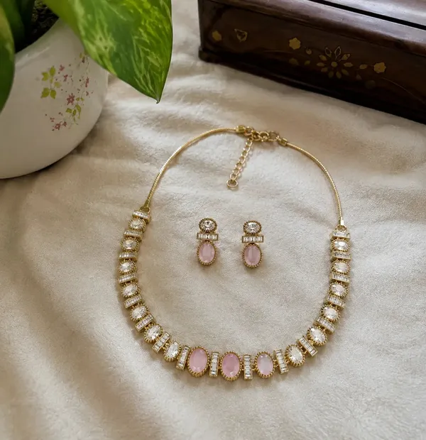 Kundan_Polki_CZ_Oval_Baguette_Tennis_Choker_Necklace_Set_|_K_Gold