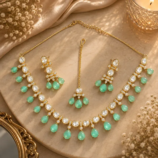 Kundan_Polki_Oval_Fringe_Teardrop_Necklace_Set_With_Maang_Tikka_|_K_Gold_&_Mehendi_Gold