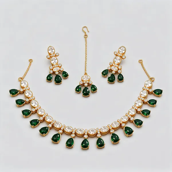 Kundan_Polki_Oval_Fringe_Teardrop_Necklace_Set_With_Maang_Tikka_|_K_Gold_&_Mehendi_Gold