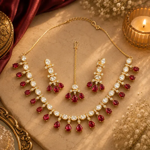 Kundan_Polki_Oval_Fringe_Teardrop_Necklace_Set_With_Maang_Tikka_|_K_Gold_&_Mehendi_Gold