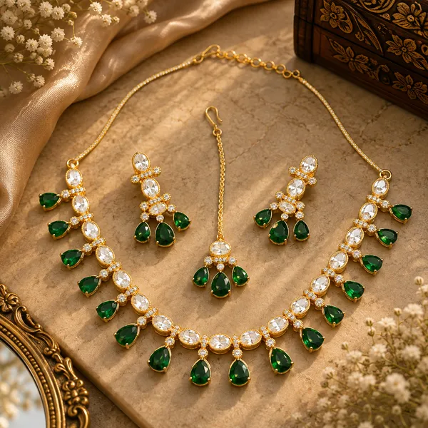 Kundan_Polki_Oval_Fringe_Teardrop_Necklace_Set_With_Maang_Tikka_|_K_Gold_&_Mehendi_Gold