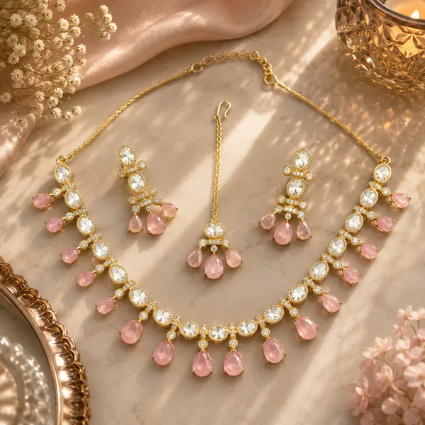 Kundan_Polki_Oval_Fringe_Teardrop_Necklace_Set_With_Maang_Tikka_|_K_Gold_&_Mehendi_Gold
