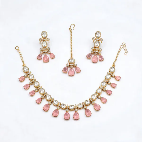 Kundan_Polki_Oval_Fringe_Teardrop_Necklace_Set_With_Maang_Tikka_|_K_Gold_&_Mehendi_Gold