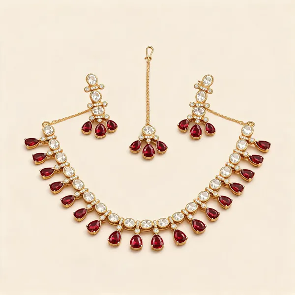 Kundan_Polki_Oval_Fringe_Teardrop_Necklace_Set_With_Maang_Tikka_|_K_Gold_&_Mehendi_Gold