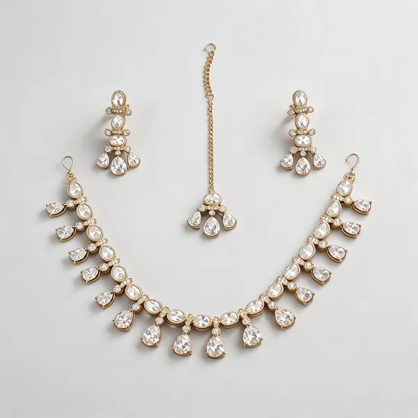 Kundan_Polki_Oval_Fringe_Teardrop_Necklace_Set_With_Maang_Tikka_|_K_Gold_&_Mehendi_Gold
