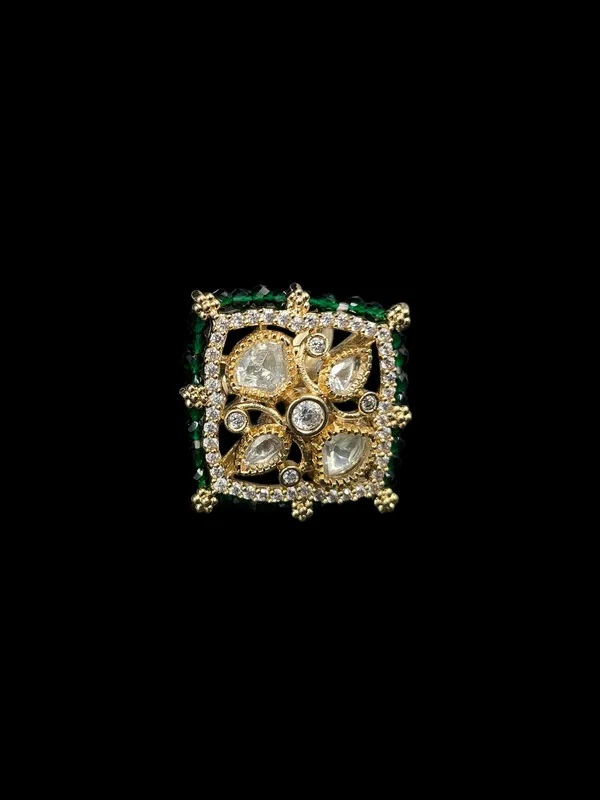 Polki_Square_Geometric_Cocktail_Ring_-_Emerald_Green_|_K_Gold