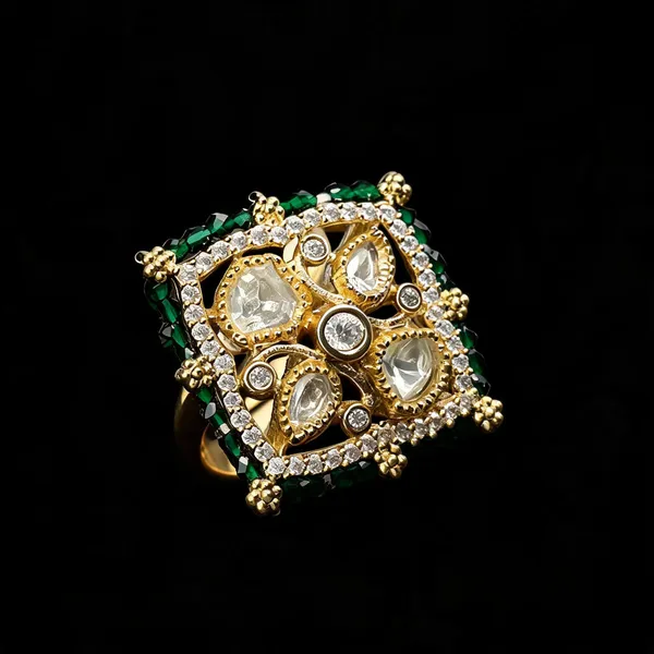 Polki_Square_Geometric_Cocktail_Ring_-_Emerald_Green_|_K_Gold