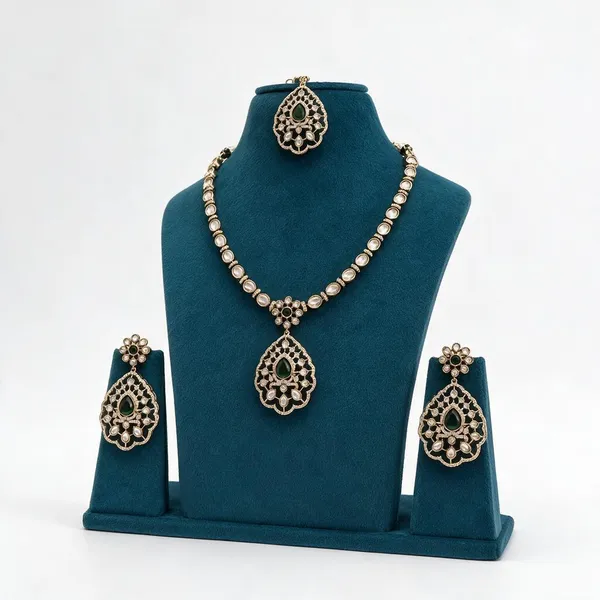 Kundan_Polki_Cz_Jali_Teardrop_Pendant_Necklace_Set_With_Maang_Tikka_|_Mehendi_Gold