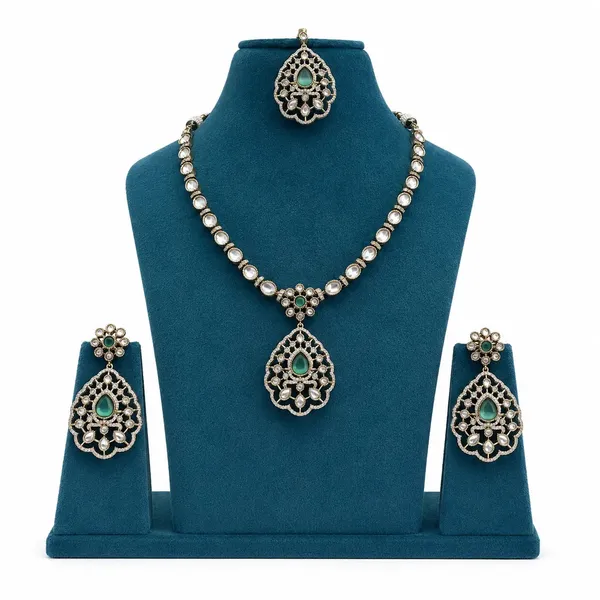 Kundan_Polki_CZ_Jali_Teardrop_Pendant_Necklace_Set_with_Maang_Tikka_|_Mehendi_Gold