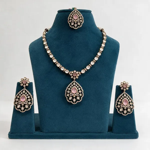 Kundan_Polki_Cz_Jali_Teardrop_Pendant_Necklace_Set_With_Maang_Tikka_|_Mehendi_Gold