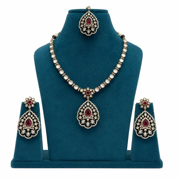 Kundan_Polki_CZ_Jali_Teardrop_Pendant_Necklace_Set_with_Maang_Tikka_|_Mehendi_Gold