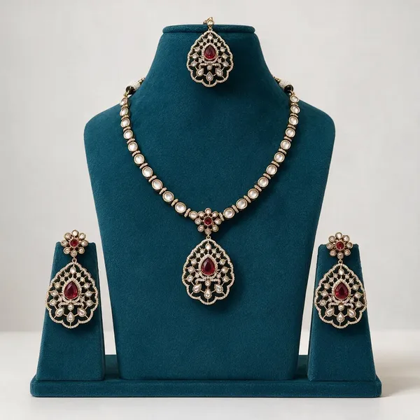 Kundan_Polki_Cz_Jali_Teardrop_Pendant_Necklace_Set_With_Maang_Tikka_|_Mehendi_Gold