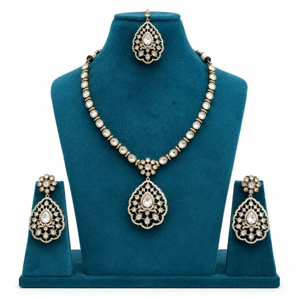 Kundan_Polki_CZ_Jali_Teardrop_Pendant_Necklace_Set_with_Maang_Tikka_|_Mehendi_Gold