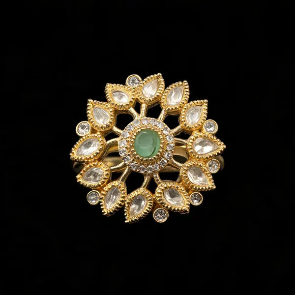 Kundan_Polki_Sunburst_Statement_Ring_-_Mint_Green_|_K_Gold