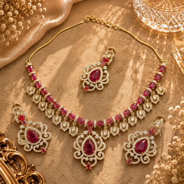 Cz_Teardrop_Scrollwork_Medallion_Necklace_Set_|_K_Gold_&_Mehendi_Gold