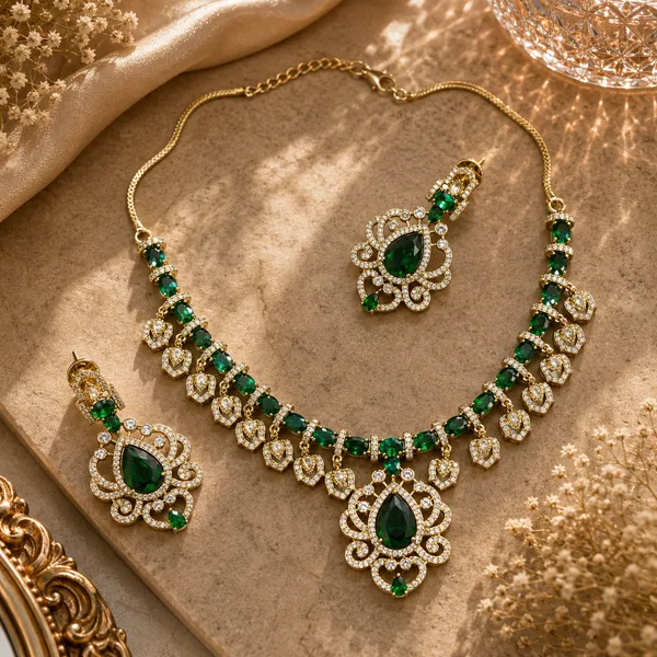 Cz_Teardrop_Scrollwork_Medallion_Necklace_Set_|_K_Gold_&_Mehendi_Gold