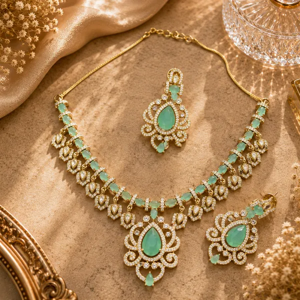Cz_Teardrop_Scrollwork_Medallion_Necklace_Set_|_K_Gold_&_Mehendi_Gold