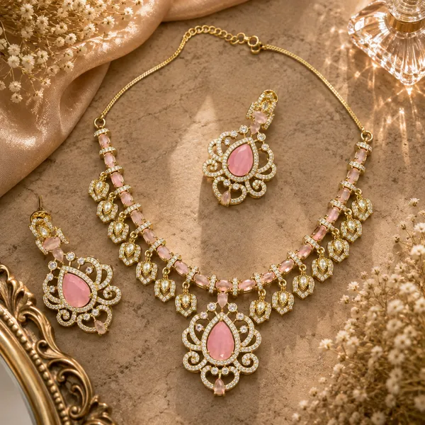 Cz_Teardrop_Scrollwork_Medallion_Necklace_Set_|_K_Gold_&_Mehendi_Gold