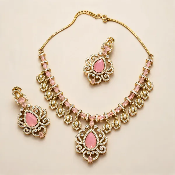 Cz_Teardrop_Scrollwork_Medallion_Necklace_Set_|_K_Gold_&_Mehendi_Gold